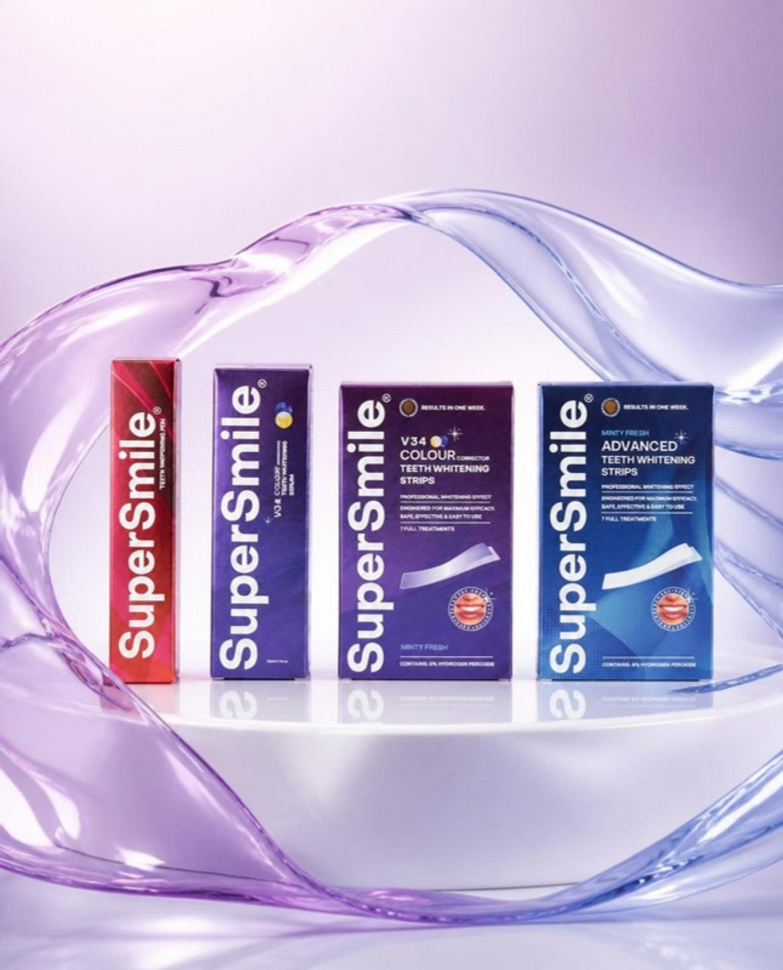 The SuperSmile range: pen, V34 serum, V34 strips and Advanced strips