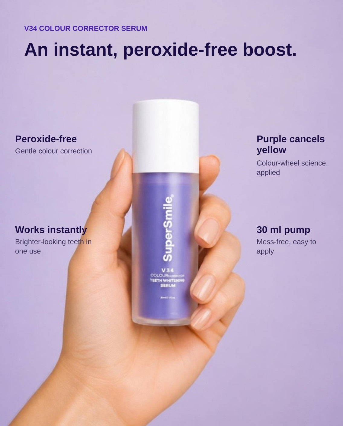 V34 Colour Correction Serum: peroxide-free, works instantly, purple cancels yellow, 30 ml pump