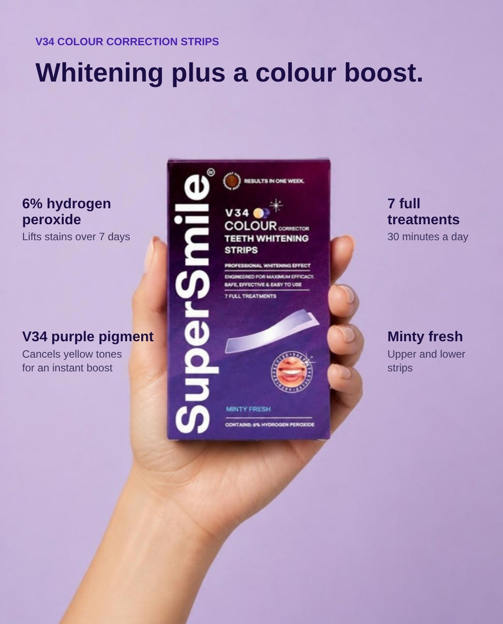 V34 Colour Correction Strips: 6% hydrogen peroxide, V34 purple pigment, 7 full treatments