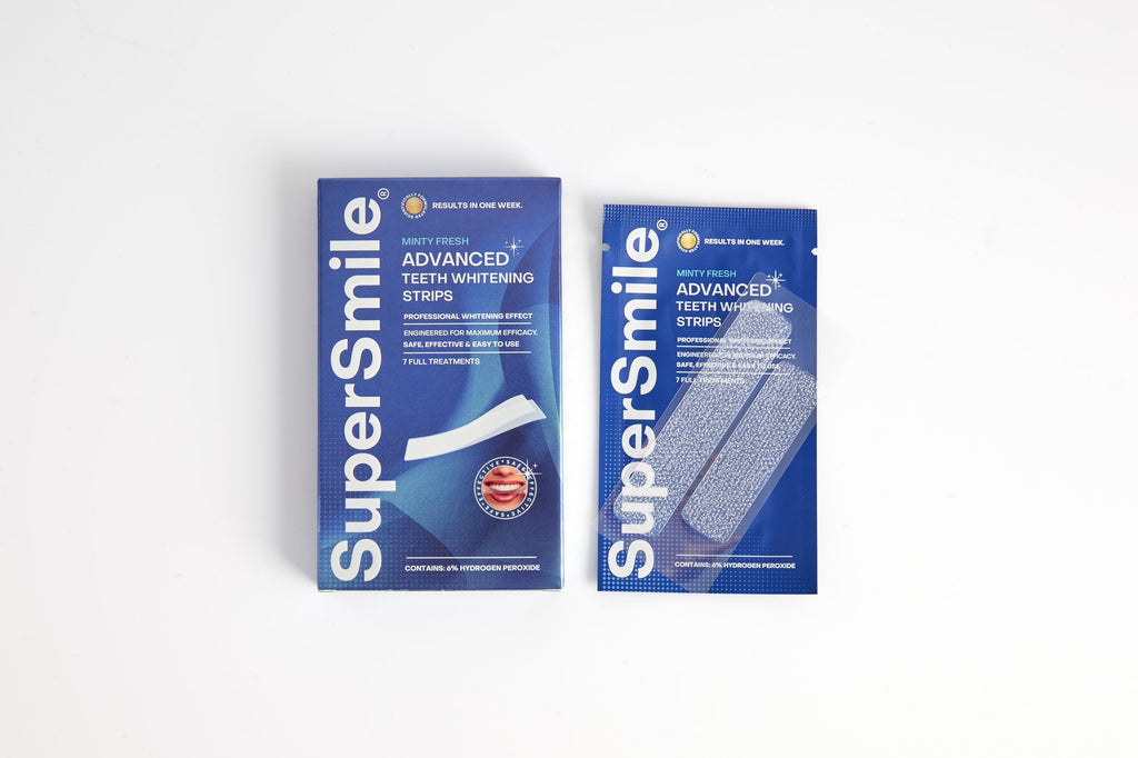 SuperSmile Advanced Whitening Strips box with a strip sachet