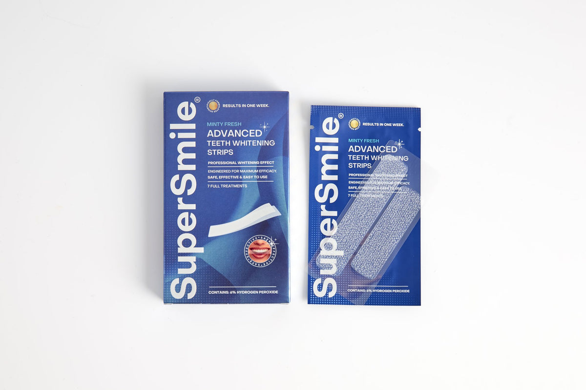SuperSmile Advanced Whitening Strips box with a strip sachet