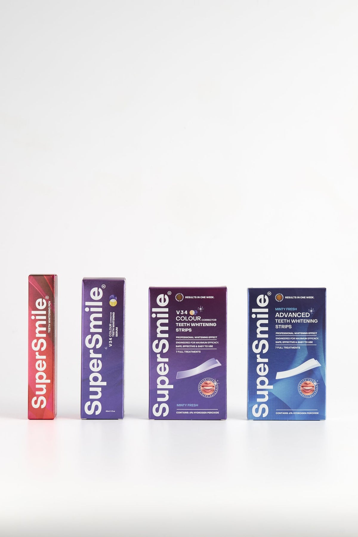 The SuperSmile range: whitening pen, V34 serum, V34 strips and Advanced strips