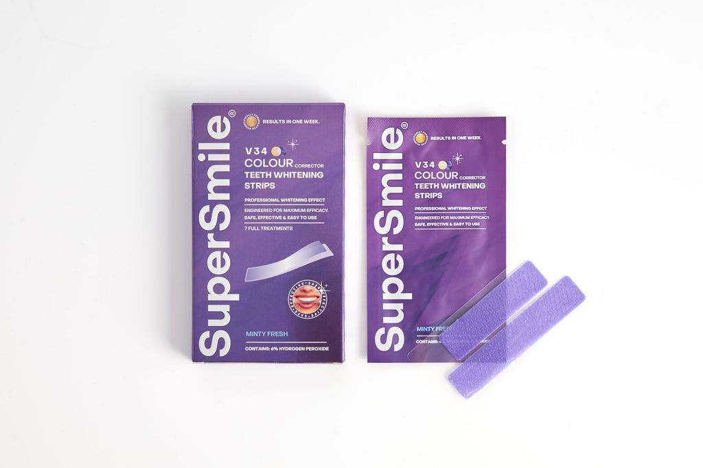 SuperSmile V34 Whitening Strips box with a purple strip