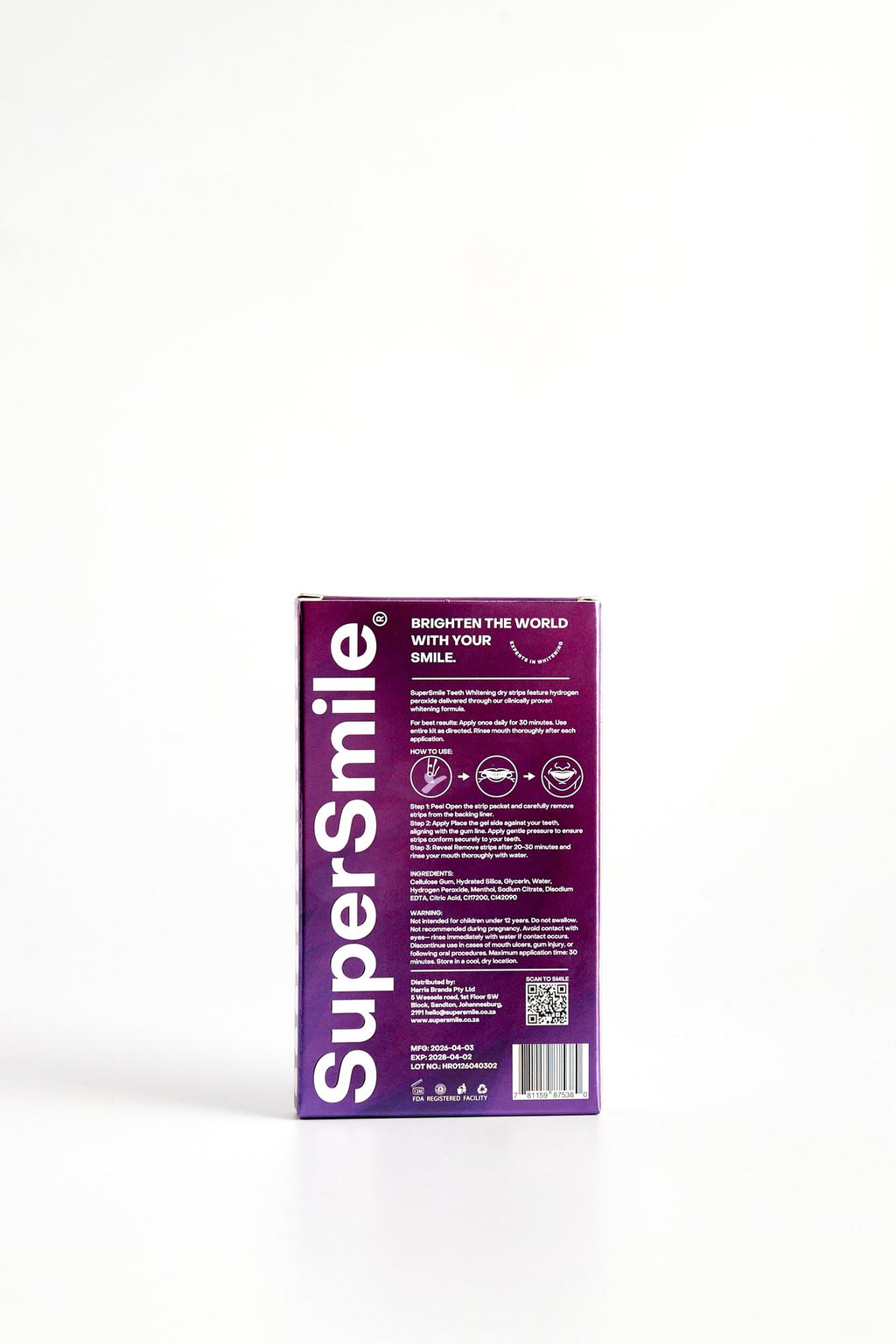 SuperSmile V34 Whitening Strips box, back with directions
