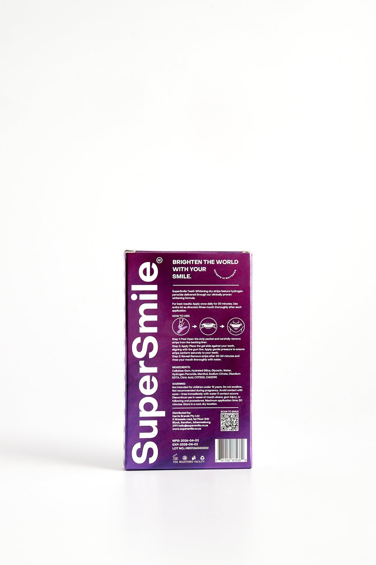 SuperSmile V34 Whitening Strips box, back with directions