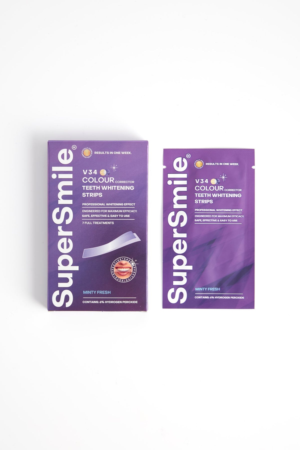 SuperSmile V34 Whitening Strips box and sachet