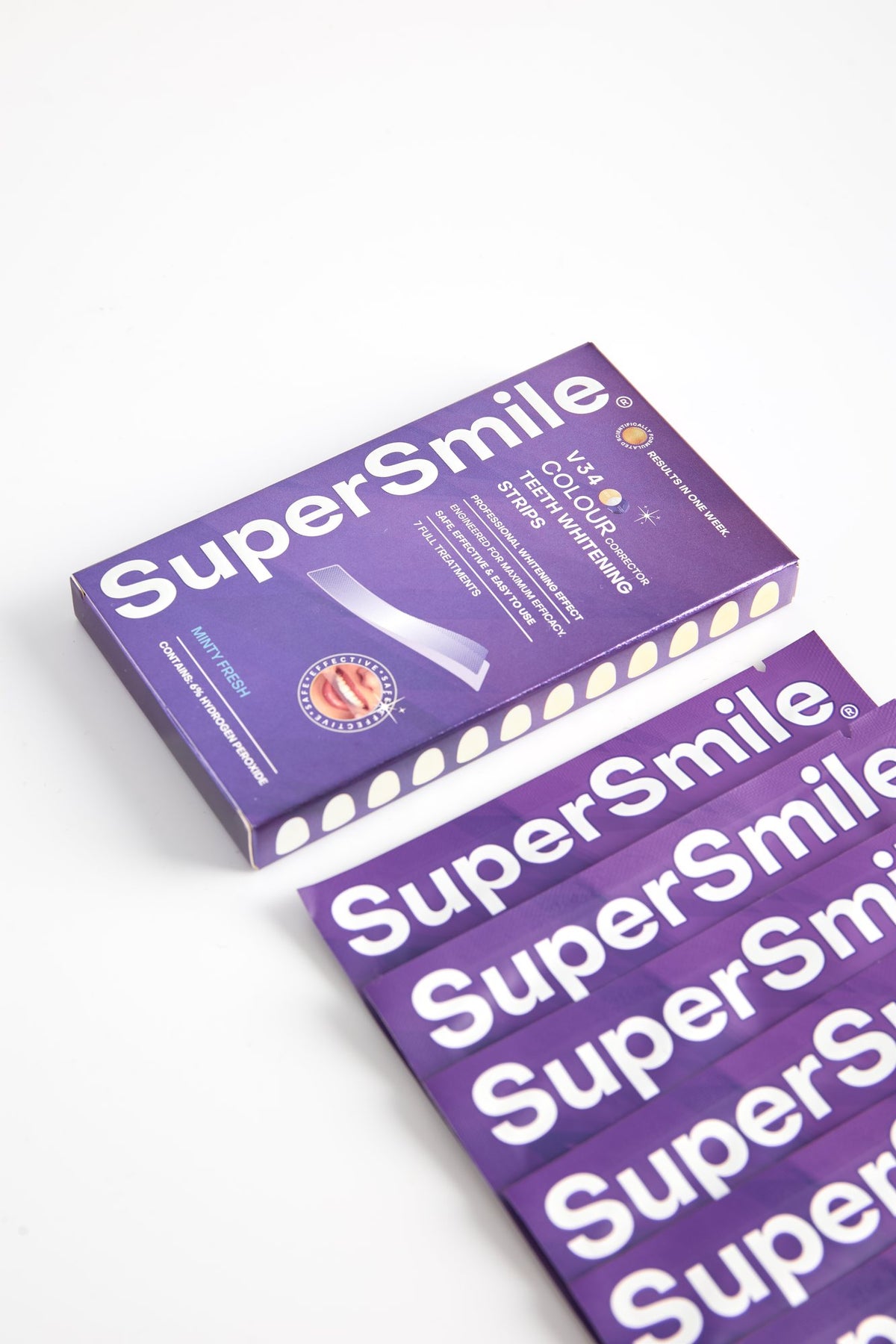 SuperSmile V34 Whitening Strips box with sachets